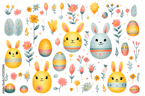 Set of colorful Easter bunnies, eggs, and spring flowers isolated on white background. Watercolor clipart bundle, hand drawn set, boho illustration