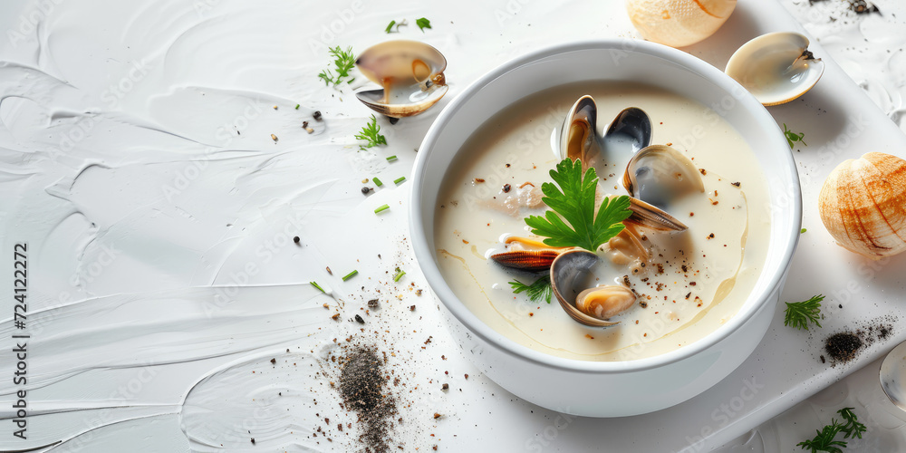 Top view Creamy Clam Chowder with Fresh Parsley. Close-up of creamy New England clam chowder garnished with parsley in a bowl. Top view Creamy Clam Chowder with Fresh Parsley. Close-up of creamy New England clam chowder garnished with parsley in a bowl.