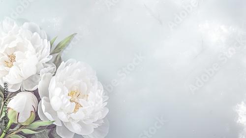 Tribute: Wide banner with fresh white peony flowers on a light gray background. photo