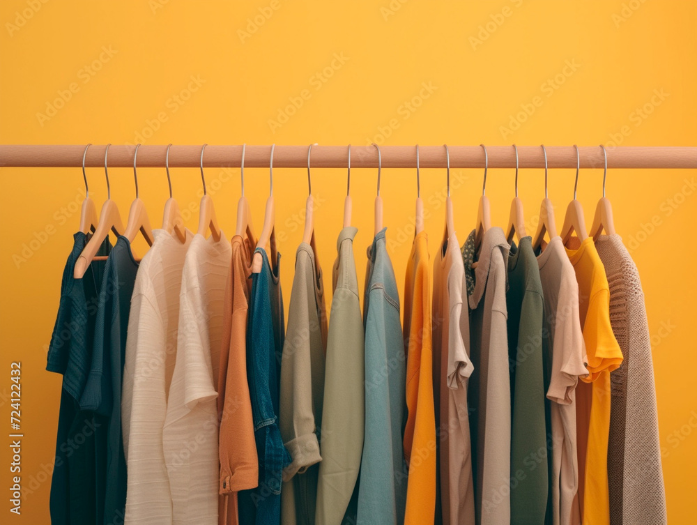 Colorful casual wear on hangers against yellow background. Minimalist wardrobe, capsule wardrobe, reasonable consumption concept