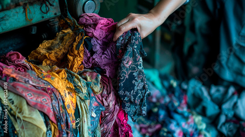 Process of recycling old clothes into new fabric. Reasonable consumption, second-hand, clothing recycling process concept