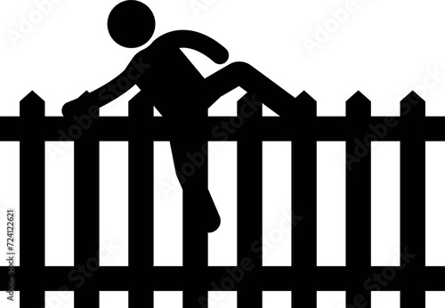 Man climbing wooden fence sign. Warning signs and symbols.