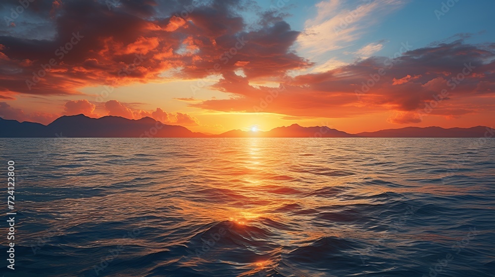 Calm sea with sunset sky and sun through clouds above. Meditation sea and sky background.