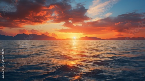 Calm sea with sunset sky and sun through clouds above. Meditation sea and sky background. © ANIS