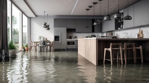 flooded kitchen floor due to water leakage. Neural network AI generated art