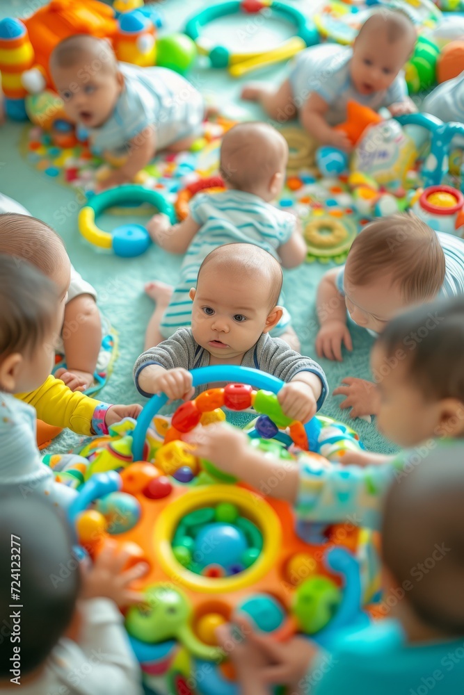A group of babies playing with toys on the floor A group of babies playing with toys on the floor