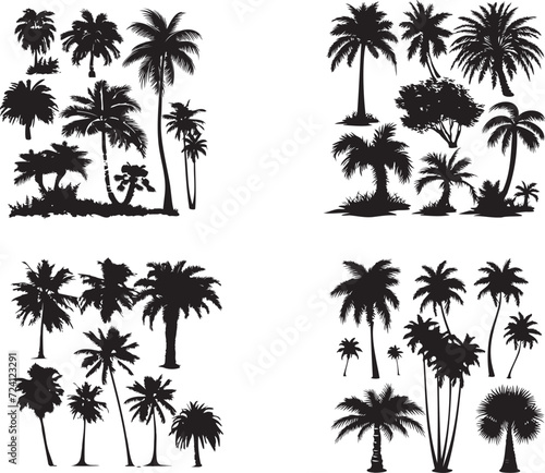 Black silhouette palm trees set on white background