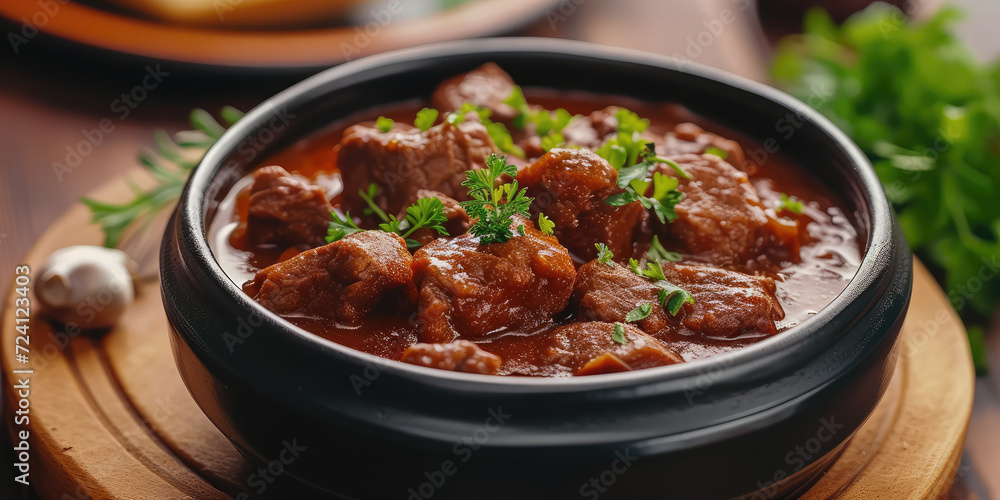 Savory Beef Stew with Potatoes and Carrots. Rich beef stew with tender chunks of meat, potatoes, and carrots, garnished with fresh thyme.