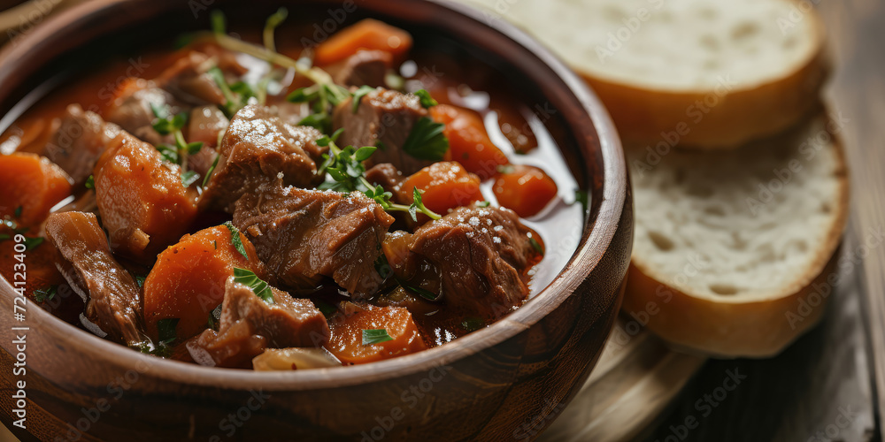 Savory Beef Stew with Potatoes and Carrots. Rich beef stew with tender chunks of meat, potatoes, and carrots, garnished with fresh thyme.