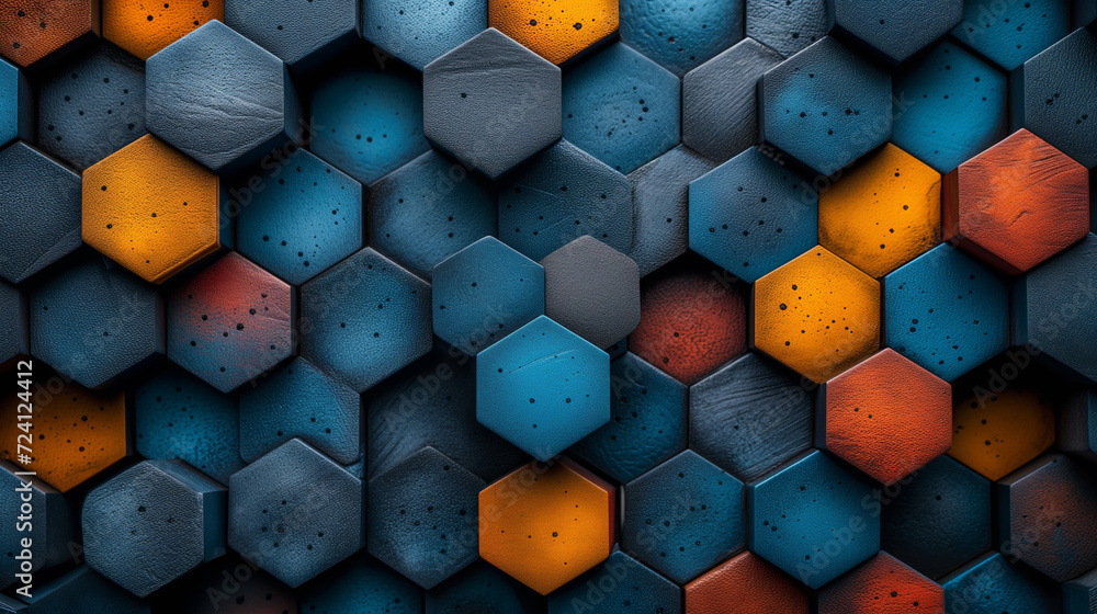 Motif numérique d'hexagones sur fond abstrait, bleu profond et lueur orange - obrazy, fototapety, plakaty 
