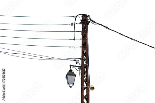 An electric pole with wires, street lamp and loudspeaker on the transparent background