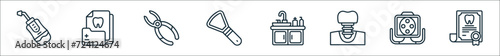 outline set of dental care line icons. linear vector icons such as dental irrigator, dental record, forceps, tongue cleaner, sink, implant, light, certificate