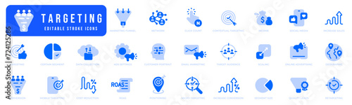 Targeting solid icon set. Seo, media,  marketing, conversion, ads, sales, advertising etc.