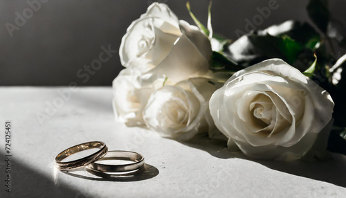 Wedding anniversary, pair of wedding rings, white roses, copyspace on a side