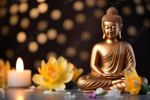 Mahavir Jayanti, religious festival, sacred deity, bronze Buddha figure, statuette, candles, lotuses and bokeh effect photo