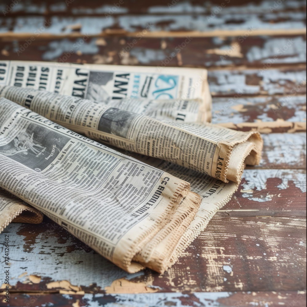 Naklejka premium Vintage newspapers on a wooden table