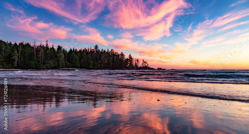 Sandy Beach on Pacific Ocean West Coast during Sunny Sunset. Vancouver Island