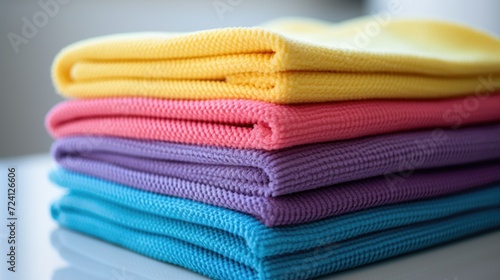 Colorful Clean: Closeup of dry microfiber cloths for cleaning various surfaces. Vibrant colors add a touch of cleanliness to your household