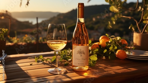 Bottle filled with orange liquid rests on a ledge, with a slice and lush vineyards