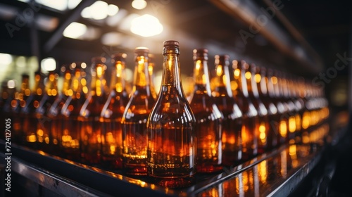 Bottles of beer on factory conveyor belt.