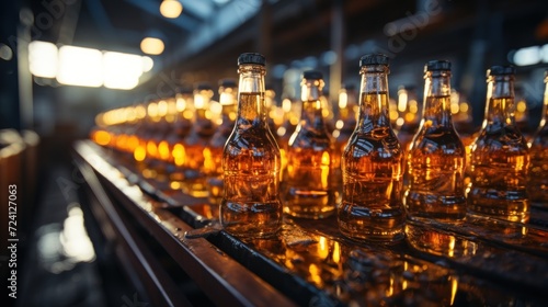 Bottles of beer on factory conveyor belt.