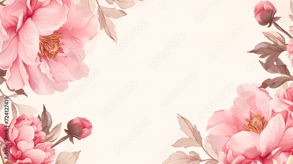 Fototapeta premium floral peony photo frame background with copy space. Flat lay composition with peonies on a pastel background.