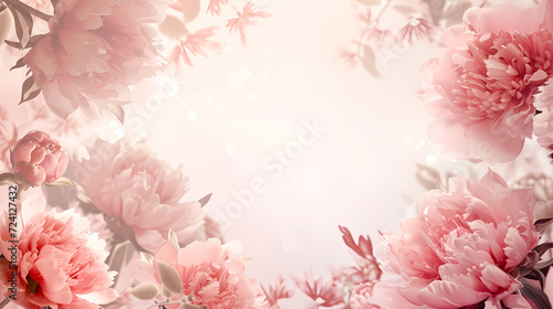 floral peony photo frame background with copy space. Flat lay composition with peonies on a pastel background.