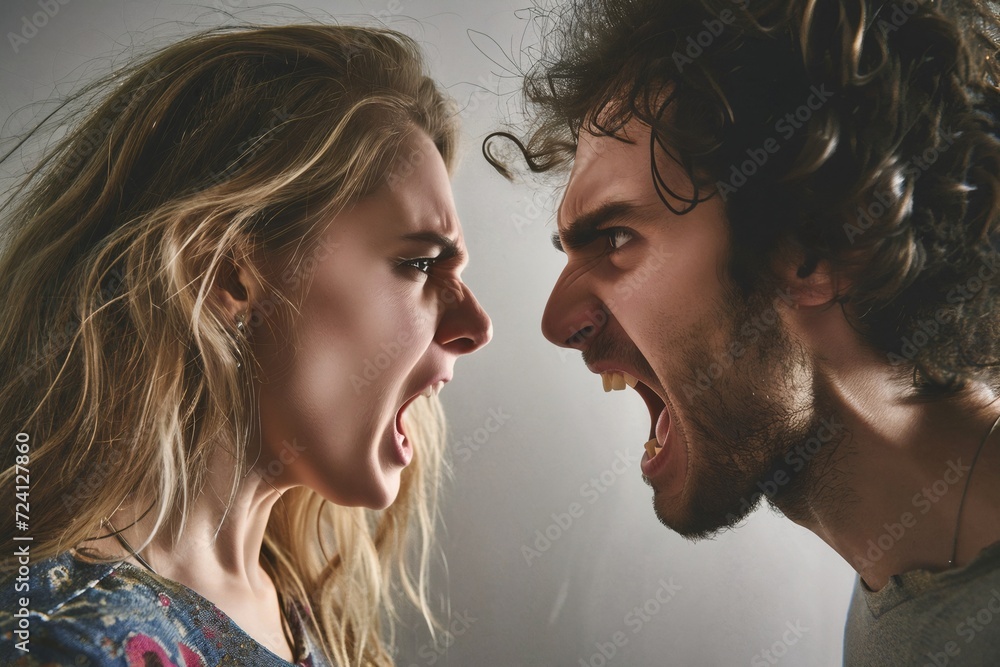 Angry young adult Caucasian woman yelling versus her husband on grey background, Young couple arguing and fighting. Domestic violence and emotional abuse scene of woman and man screaming at each other Angry young adult Caucasian woman yelling versus her husband on grey background, Young couple arguing and fighting. Domestic violence and emotional abuse scene of woman and man screaming at each other