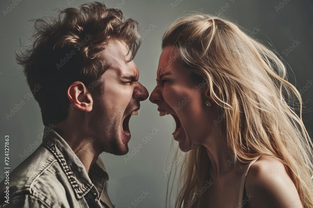 Angry young adult Caucasian woman yelling versus her husband on grey background, Young couple arguing and fighting. Domestic violence and emotional abuse scene of woman and man screaming at each other Angry young adult Caucasian woman yelling versus her husband on grey background, Young couple arguing and fighting. Domestic violence and emotional abuse scene of woman and man screaming at each other
