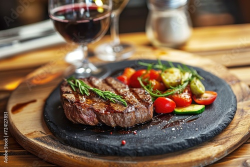 A steak with vegetables and wine on a plate. Generative AI.