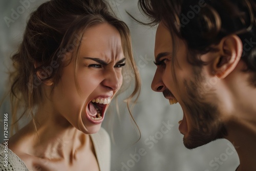 Angry young adult Caucasian woman yelling versus her husband on grey background, Young couple arguing and fighting. Domestic violence and emotional abuse scene of woman and man screaming at each other photo