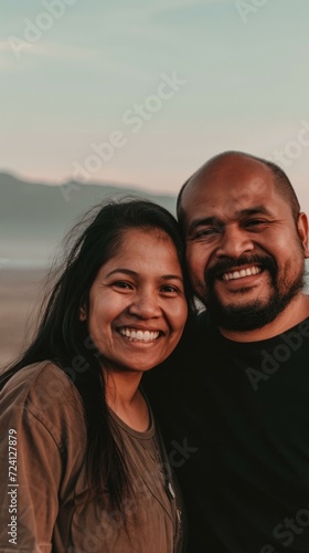 A man and woman smiling at the camera on the beach. Generative AI. © Natalia