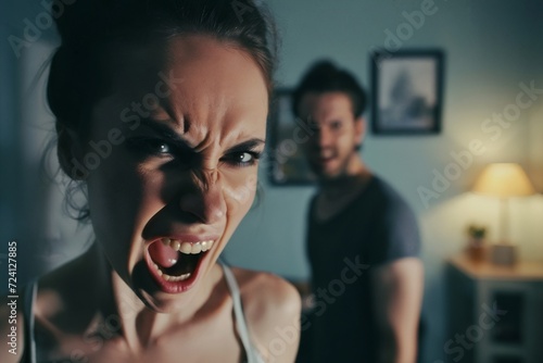 Angry young adult Caucasian woman yelling versus her husband at home living room, Young couple arguing and fighting. Domestic violence, emotional abuse scene of woman and man screaming at each other photo