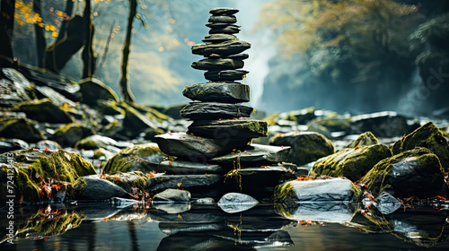 Witness the serene beauty of a balance of stones in a flowing river © Алла Морозова
