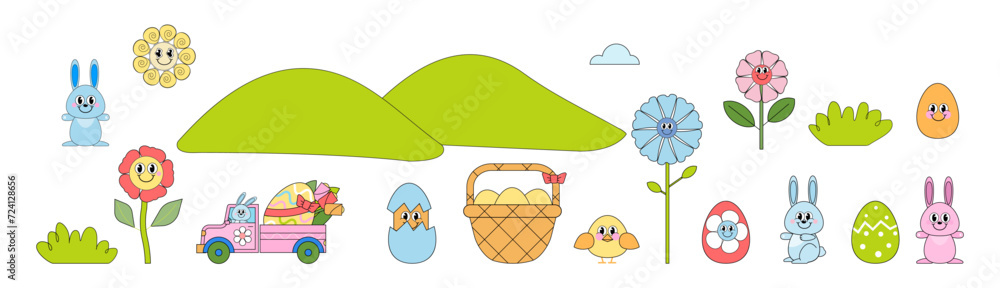Easter set vector illustration with bunny,car,Easter egg,chick,basket,flowers