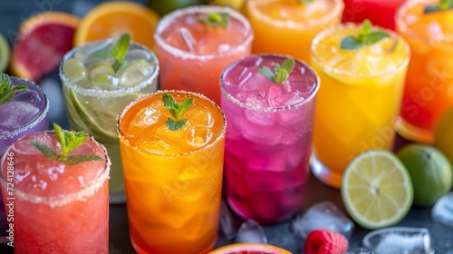A variety of colorful water juices. Glasses of Mexican fruit juices served with fresh fruit garnishes. Aguas frescas array.