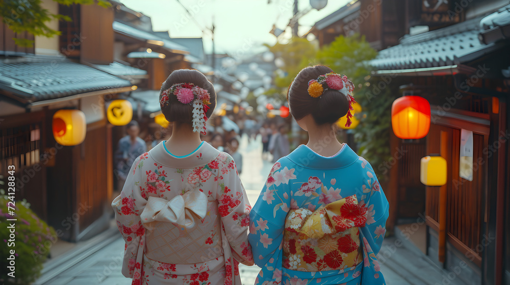 Back view on two women in traditional Japanese dresses on a street
