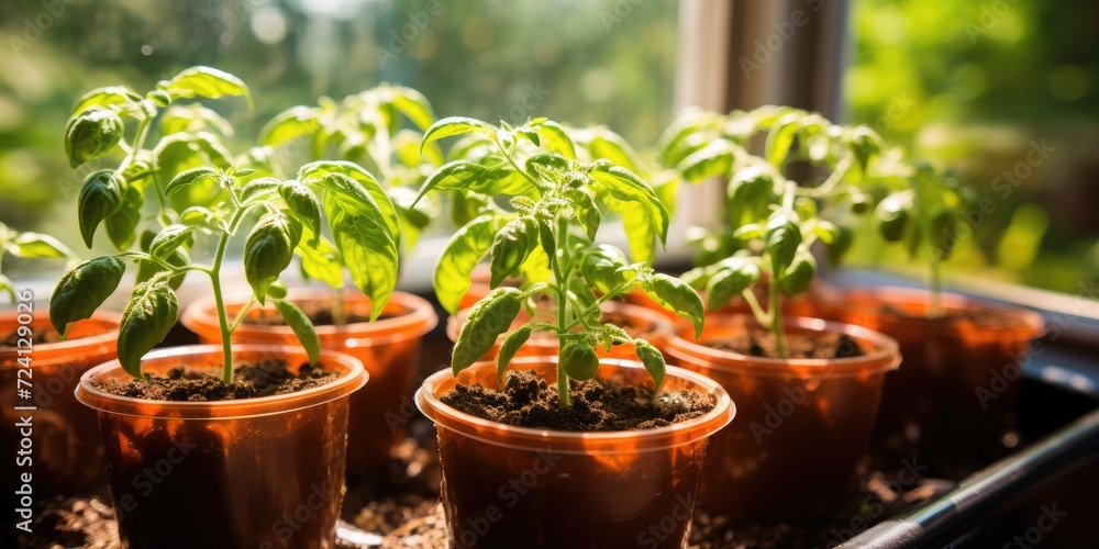 Young small tomato seedlings growing in pots on the windowsill at home. Generative AI Young small tomato seedlings growing in pots on the windowsill at home. Generative AI