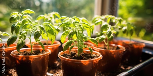 Young small tomato seedlings growing in pots on the windowsill at home. Generative AI