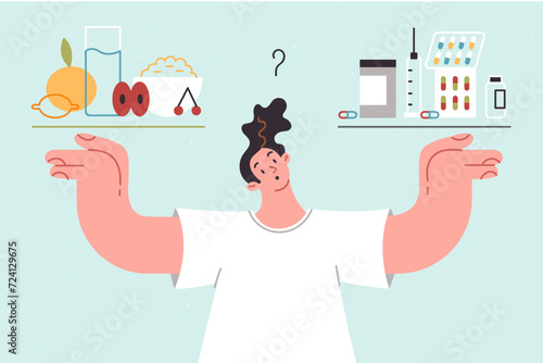 Man chooses between healthy nutrition and medications replace natural vitamins from food