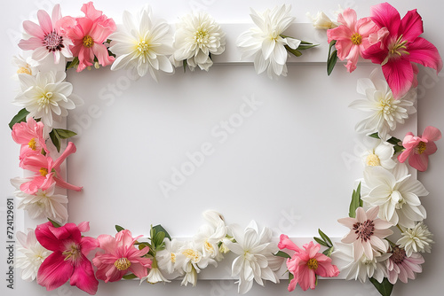 Beautiful floral frame with colorful blossoms and green leaves for background © pijav4uk