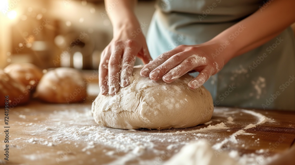 Baker's hands kneading dough on floured wooden surface with warm bakery ambiance Baker's hands kneading dough on floured wooden surface with warm bakery ambiance