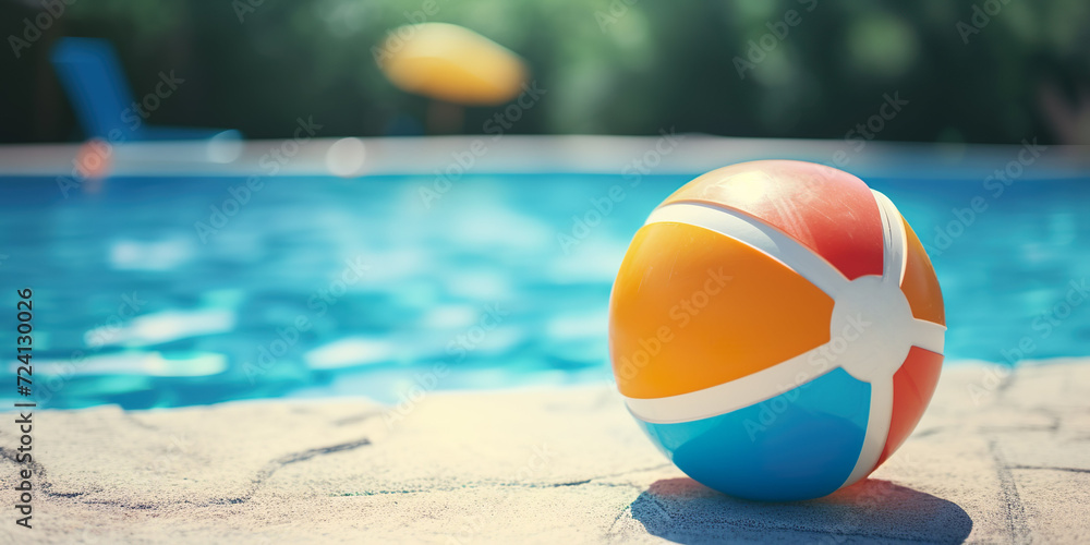 Beach ball near pool in summer, lifestyle, vacation