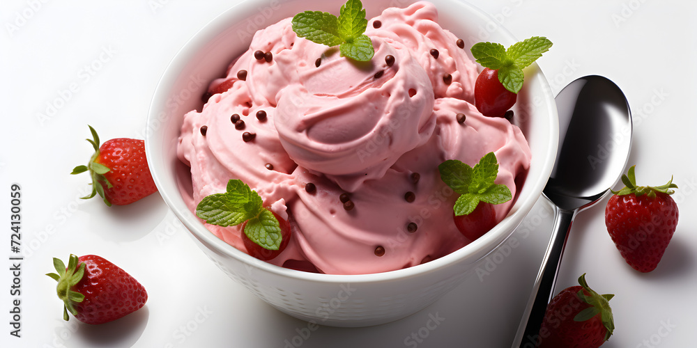Scoops of strawberry ice cream in bowl