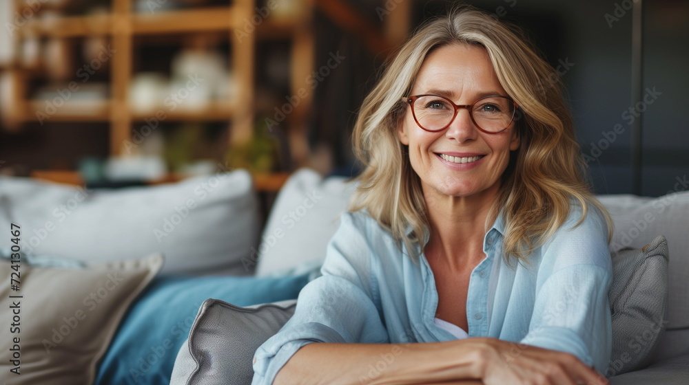Happy woman relaxing on her couch at home in the sitting room. Portrait of beautiful mature woman smiling while sitting at sofa at home. Beautiful middle age woman smiling at home Happy woman relaxing on her couch at home in the sitting room. Portrait of beautiful mature woman smiling while sitting at sofa at home. Beautiful middle age woman smiling at home