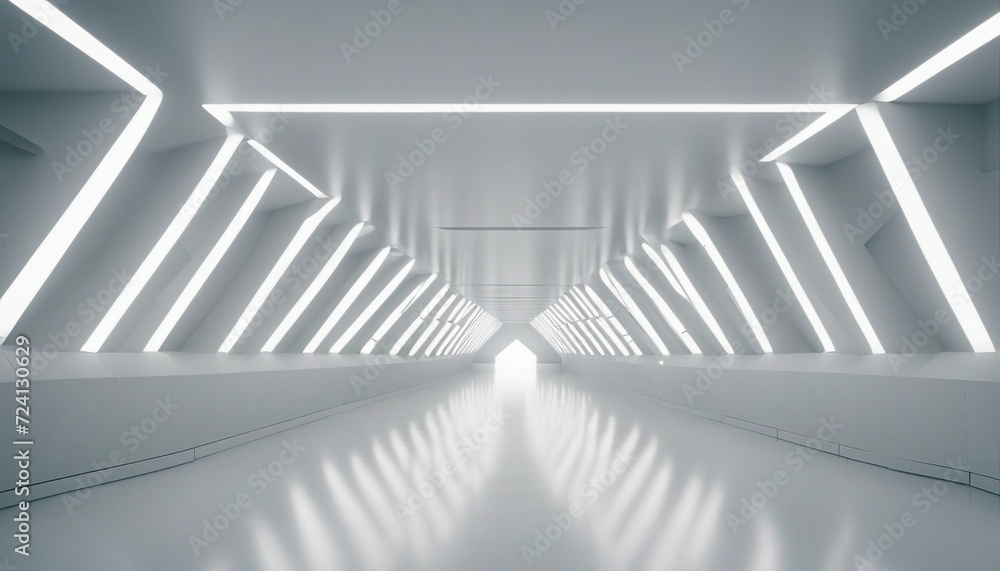 Obraz premium Empty Long Light Corridor abd Modern white background. Futuristic Sci-Fi Triangle Tunnel 