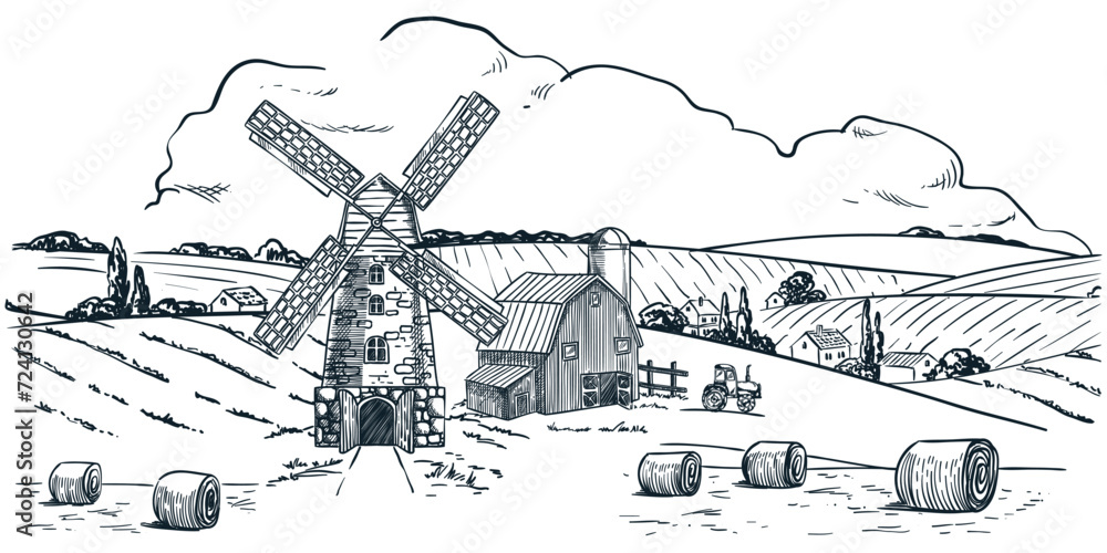 Rural landscape with mill, farm, harvest and wheat fields. Hand drawn ...