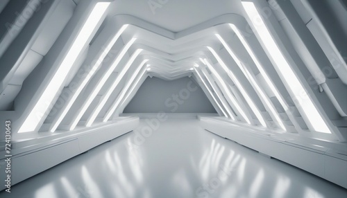 Empty Long Light Corridor abd Modern white background. Futuristic Sci-Fi Triangle Tunnel 