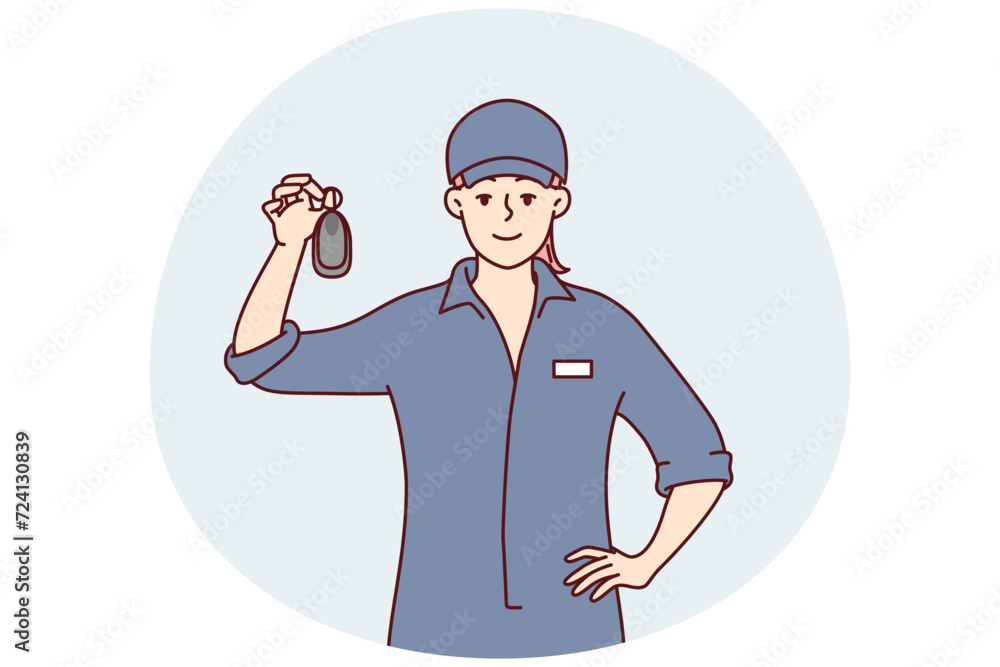Woman in janitor clothing demonstrates what she found while cleaning in business center. Girl working at car wash shows key to automobili after providing body cleaning services. Flat vector design