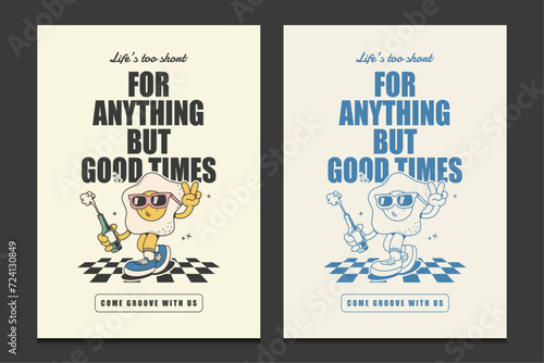 retro posters with egg omelet cartoon mascot character, vector illustration